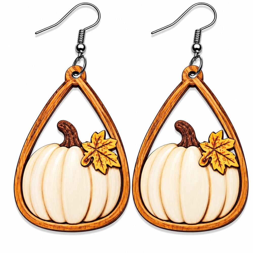 Fall White Pumpkin Maple Leaf Teardrop Dangle Earrings NWOT